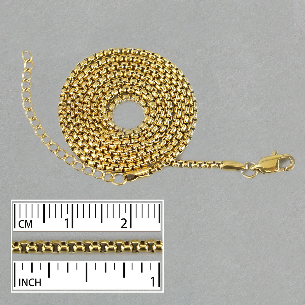 Chain & Clasps Stainless Steel Gold Plated 2mm Box Chain, 24" with 2" Chain Extender